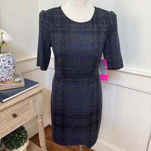 NWT Betsey Johnson Gray Blue Plaid Sheath Dress Elbow Sleeve Tulip Hem Size 4